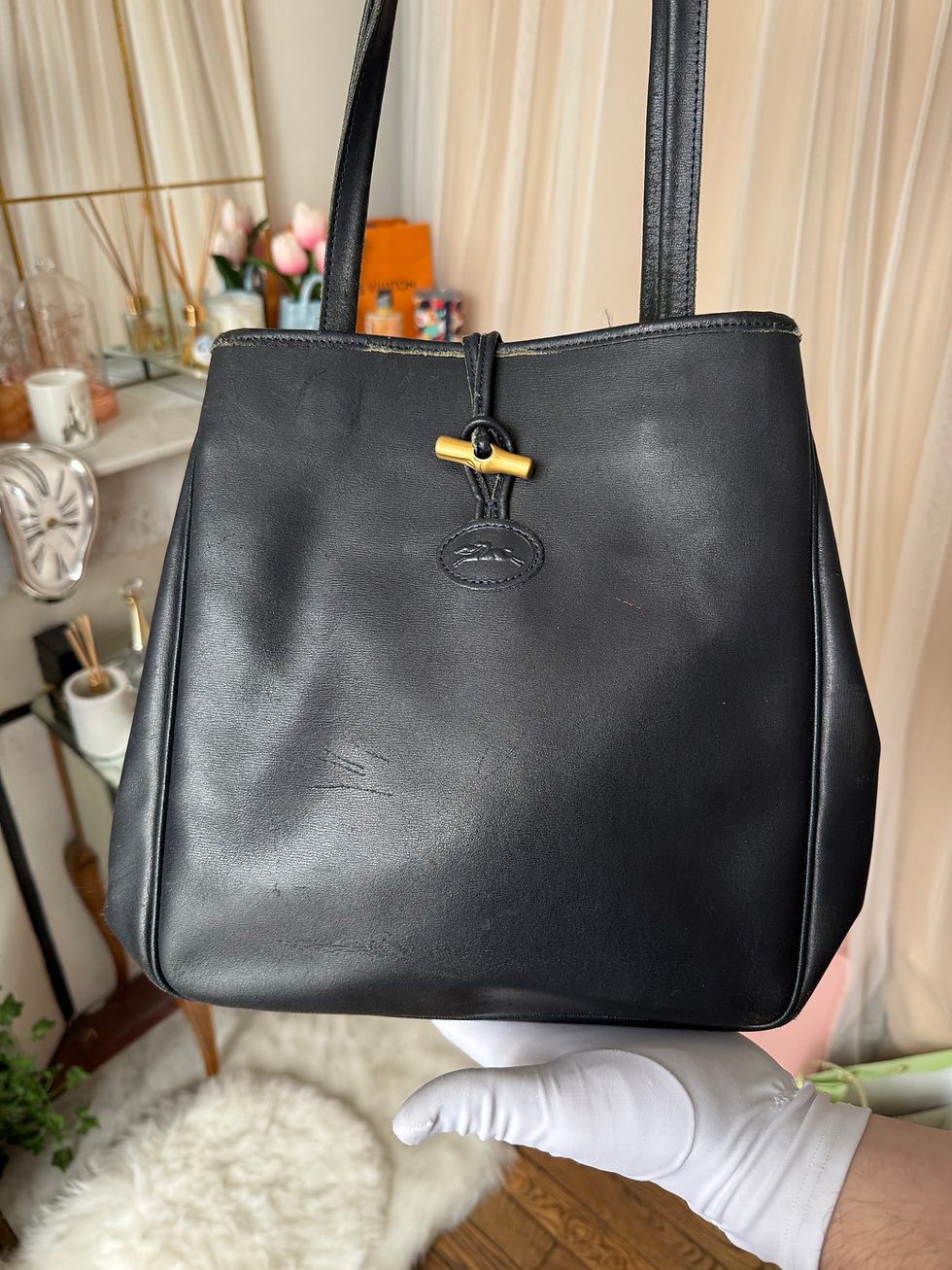 Miniature : Sac longchamp noir avec une nuance de bleu en état satisfaisant 