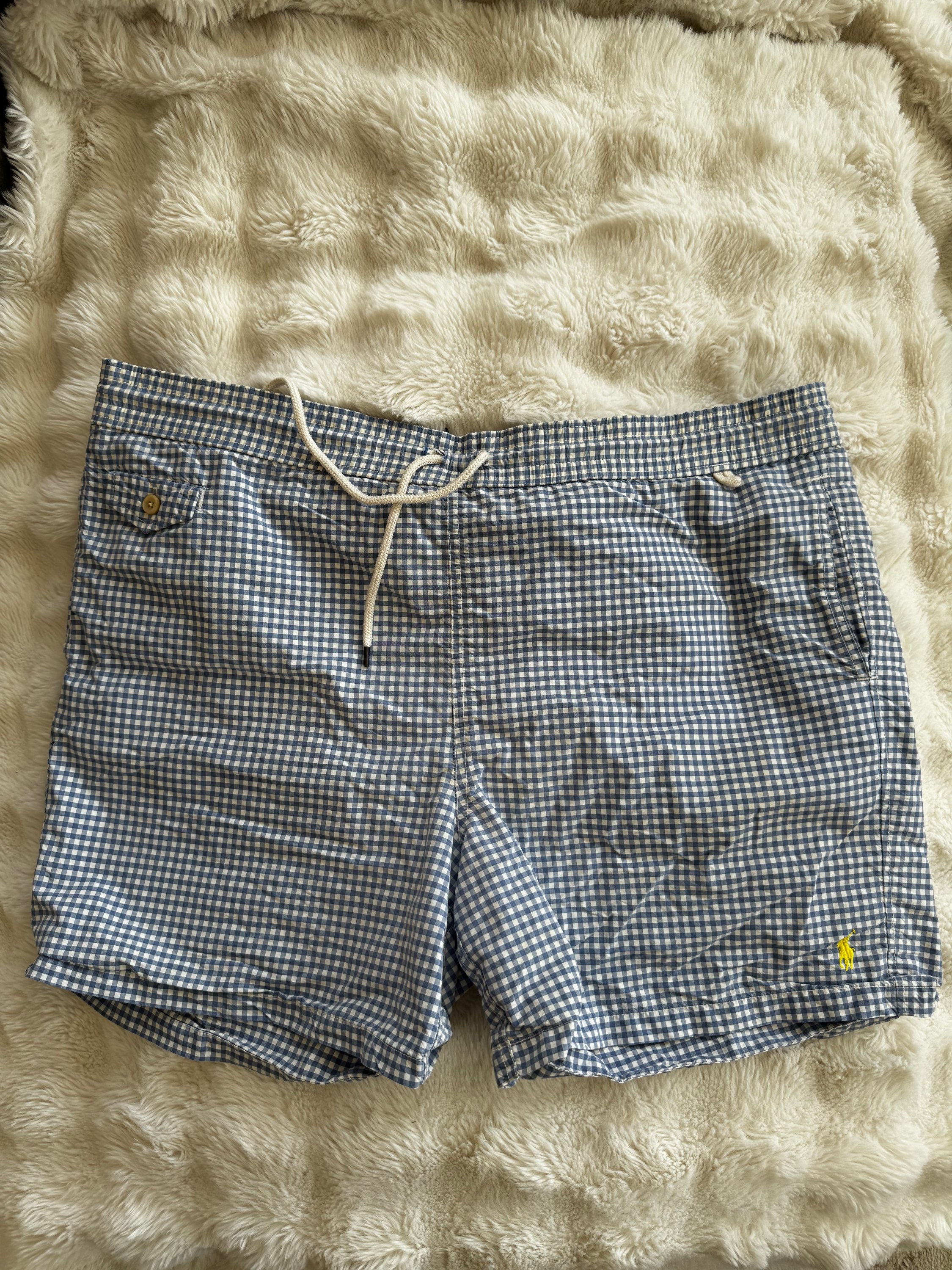 Short Ralph Lauren, taille XXL à carreaux blanc et bleu en bon état en coton et 