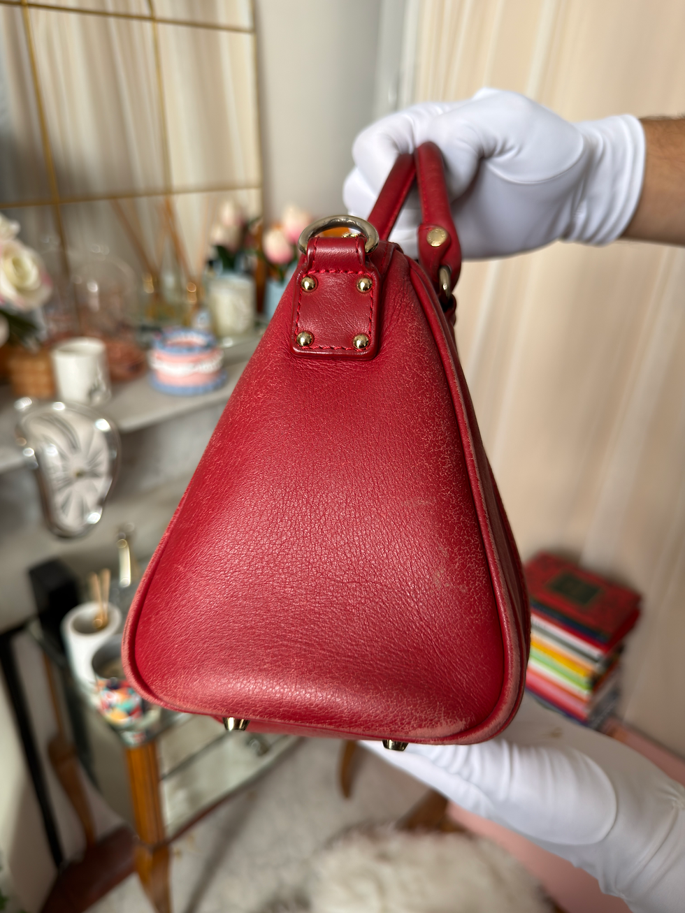 Miniature : Sac lancaster rouge bordeaux en bon état malgré son usure avec portefeuille 