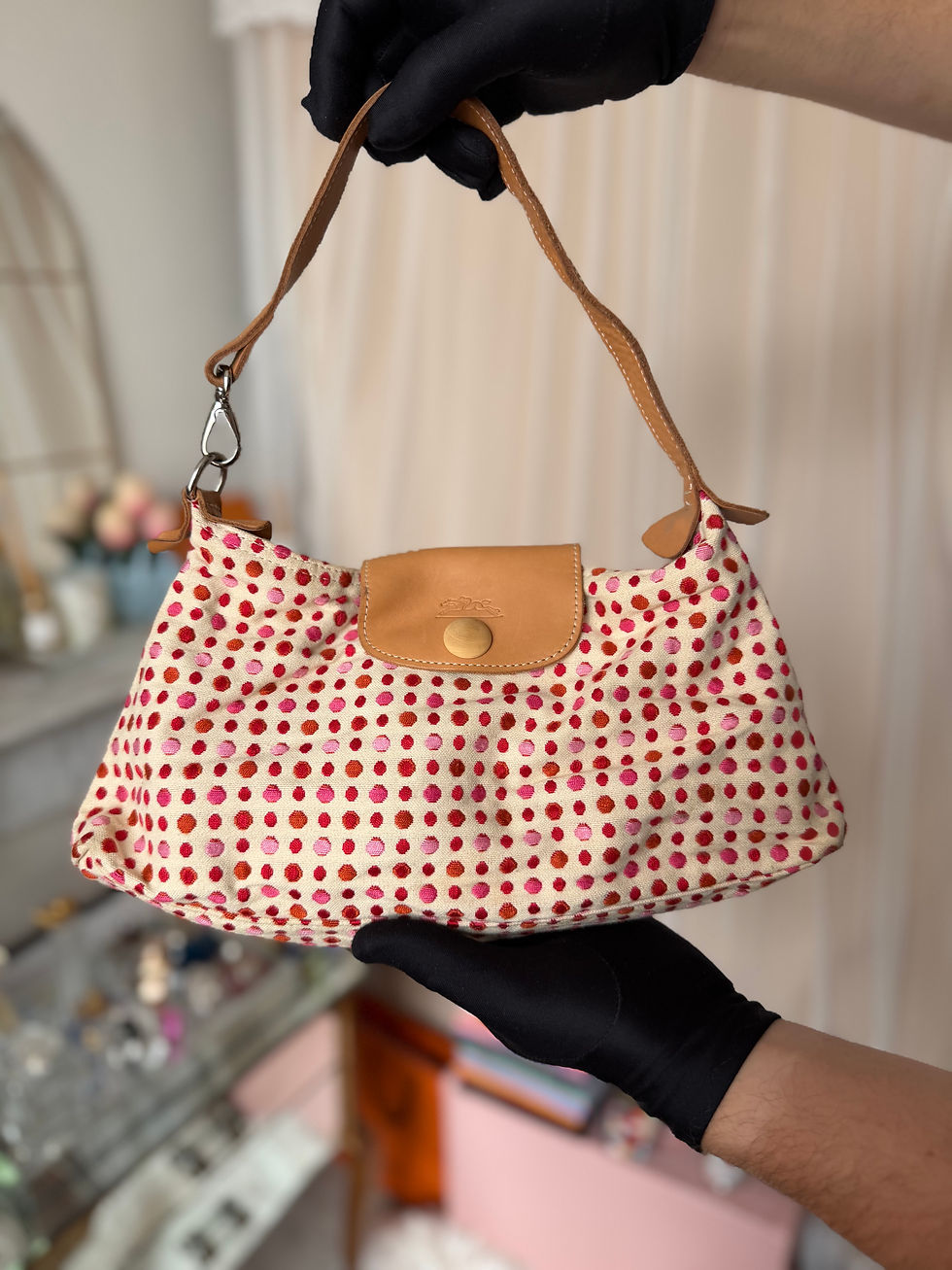 Miniature : Sac à main longchamp marron et blanc à petits pois colorés en très bon état ha