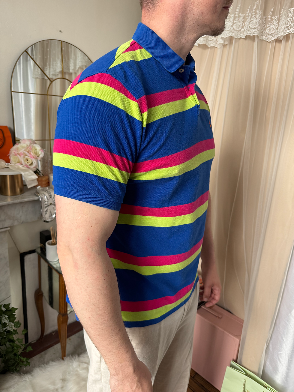 Miniature : Polo Ralph Lauren taille xl bleu rose et jaune à rayures en très bon état 