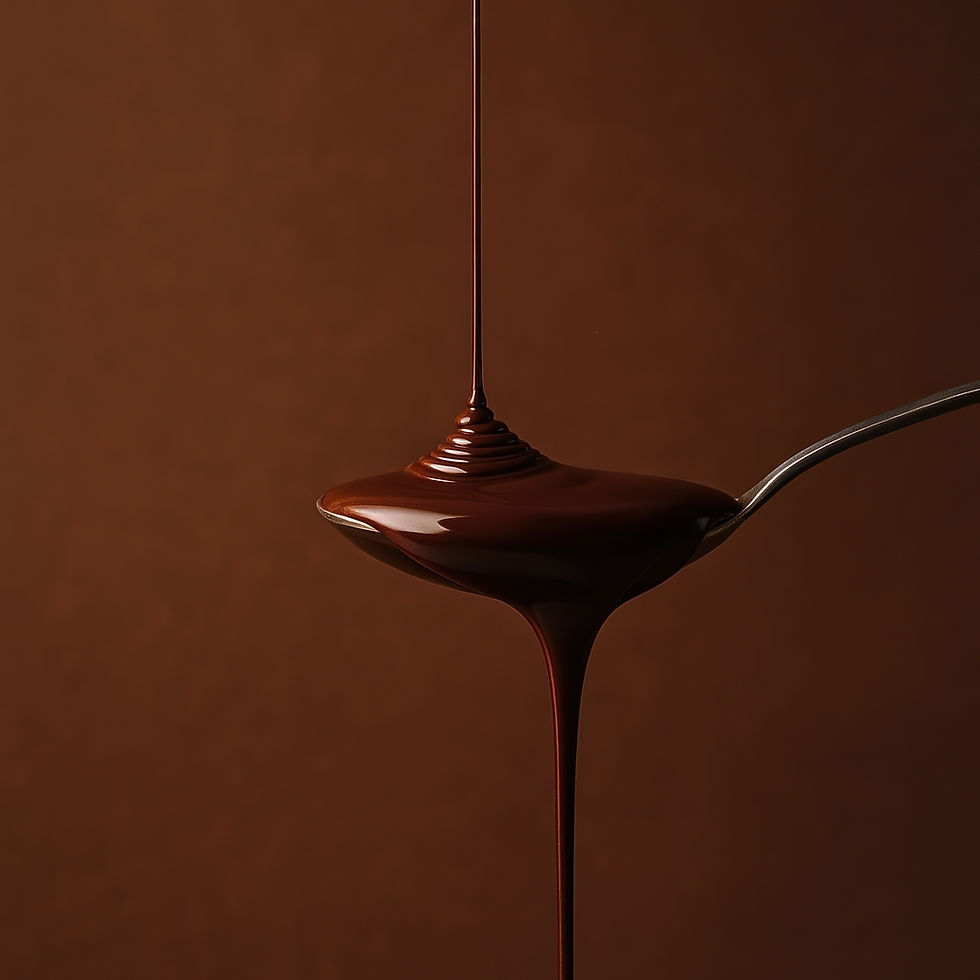 A close-up of a thin stream of glossy dark chocolate pouring into a silver spoon, forming