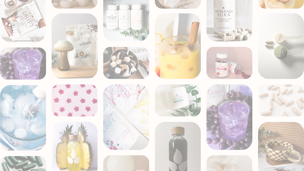 Bravenly wellness products including turmeric drink, capsules, and clean supplements arranged in soft light background