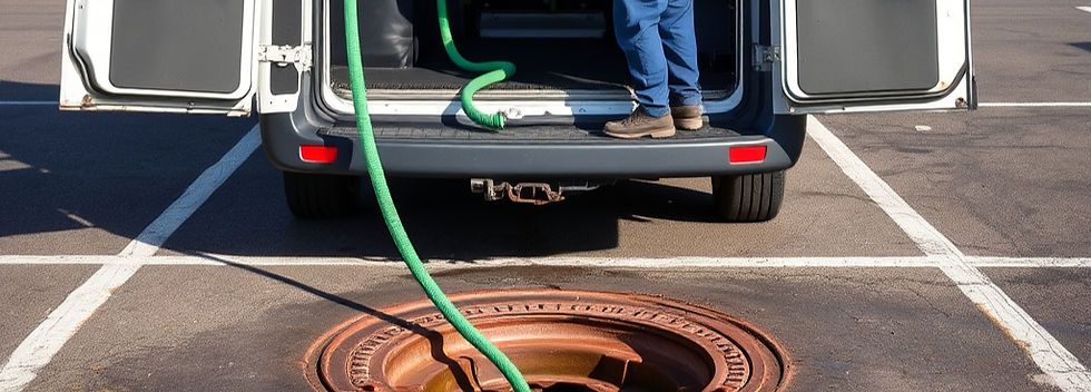 drain tech reeling up a green rubber hose onto spool in back of large white van near a dra