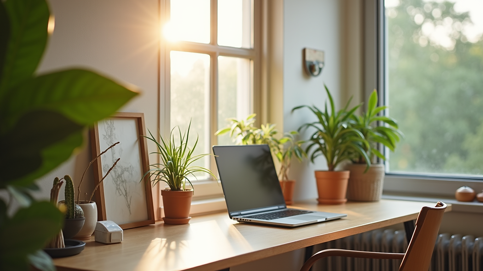 Close-up view of a stylish home office corner with plants and natural light