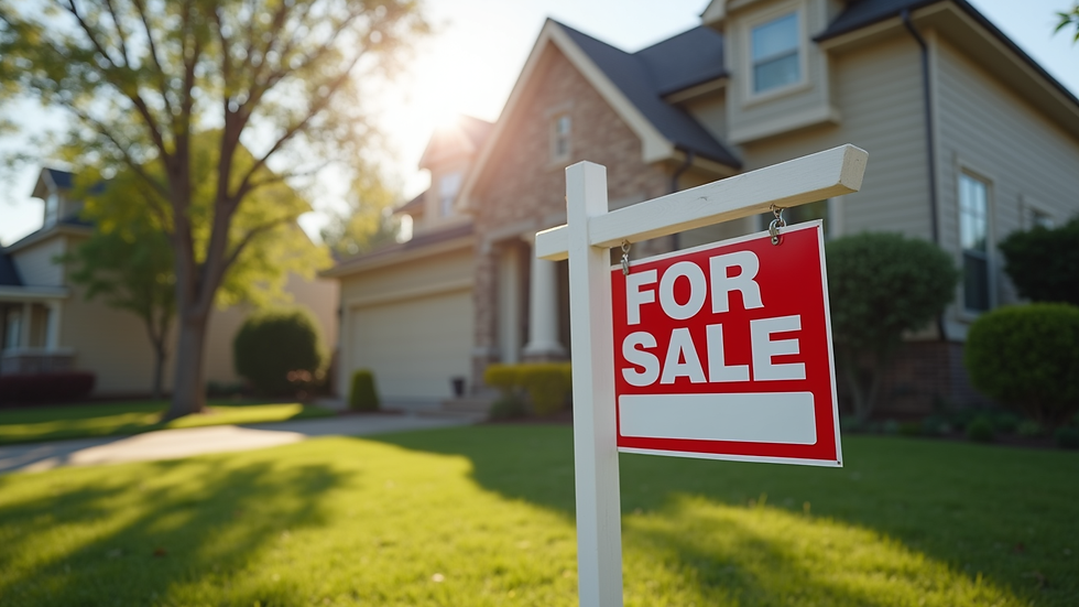 Eye-level view of a residential property with a "For Sale" sign