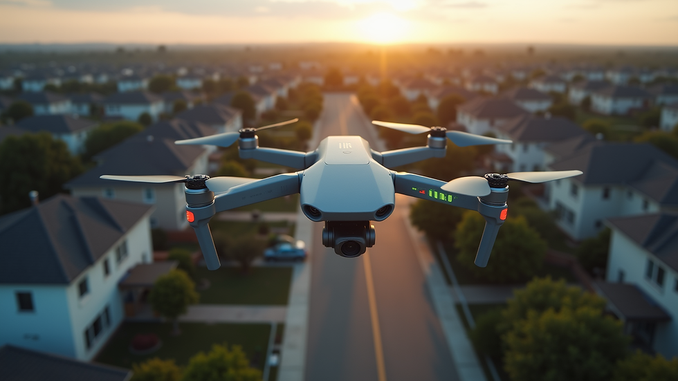 High angle view of a drone capturing aerial images of a residential area