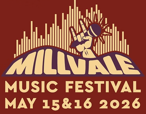 Fist holding a microphone with sound waves, above text: Millvale Music Festival, May 15 & 16, 2026. Bold red and cream colors.