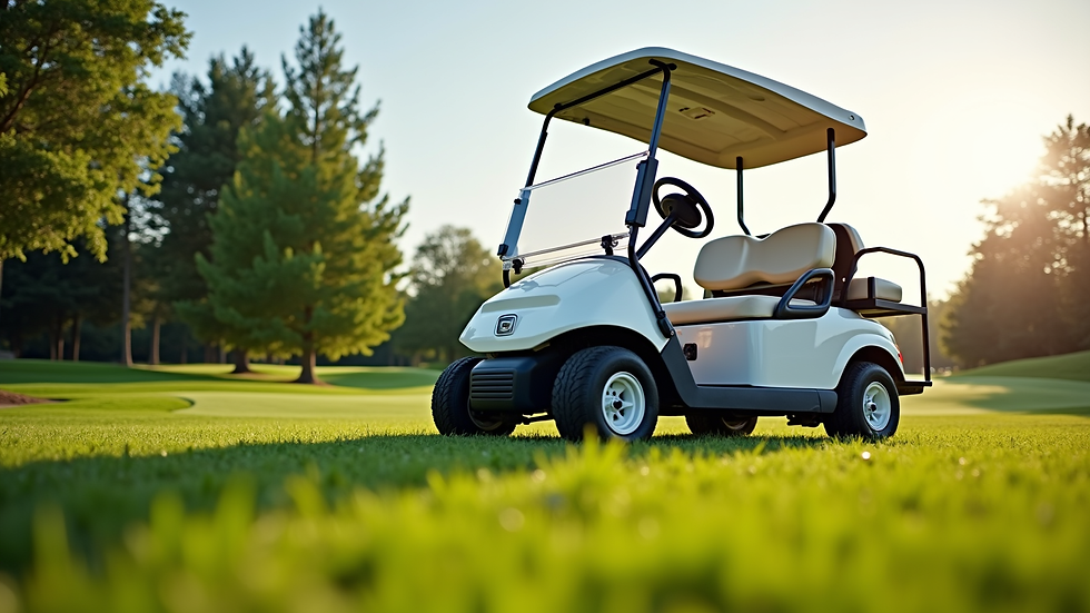 Eye-level view of a white golf cart parked on a green lawn