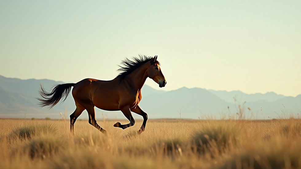 Eye-level view of a wild horse galloping across a grassy plain