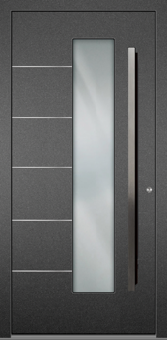 Moderne, einflügelige Haustür mit silbernen Lisenen, Glaseinsatz und schwarzer Griffleiste