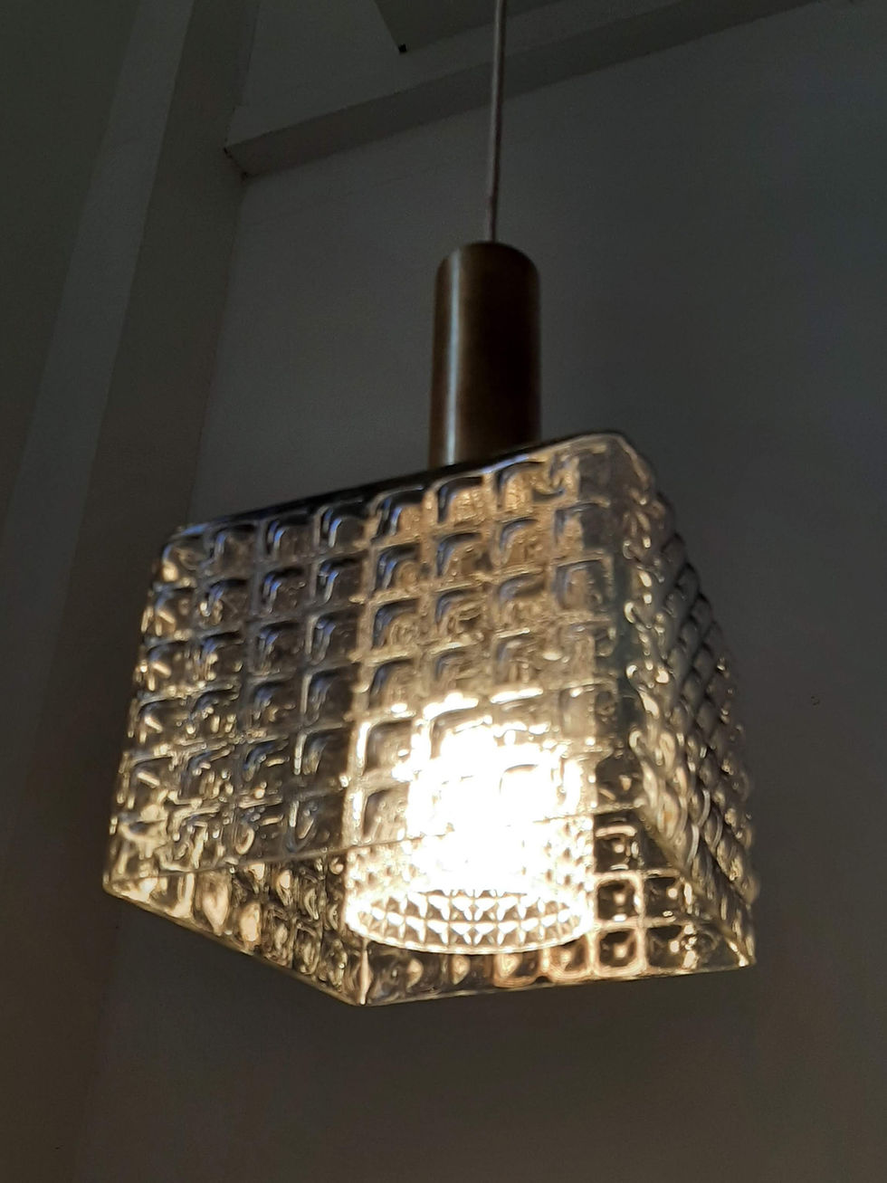 Thumbnail: Mid-century Scandinavian pressed glass and brass pendant light