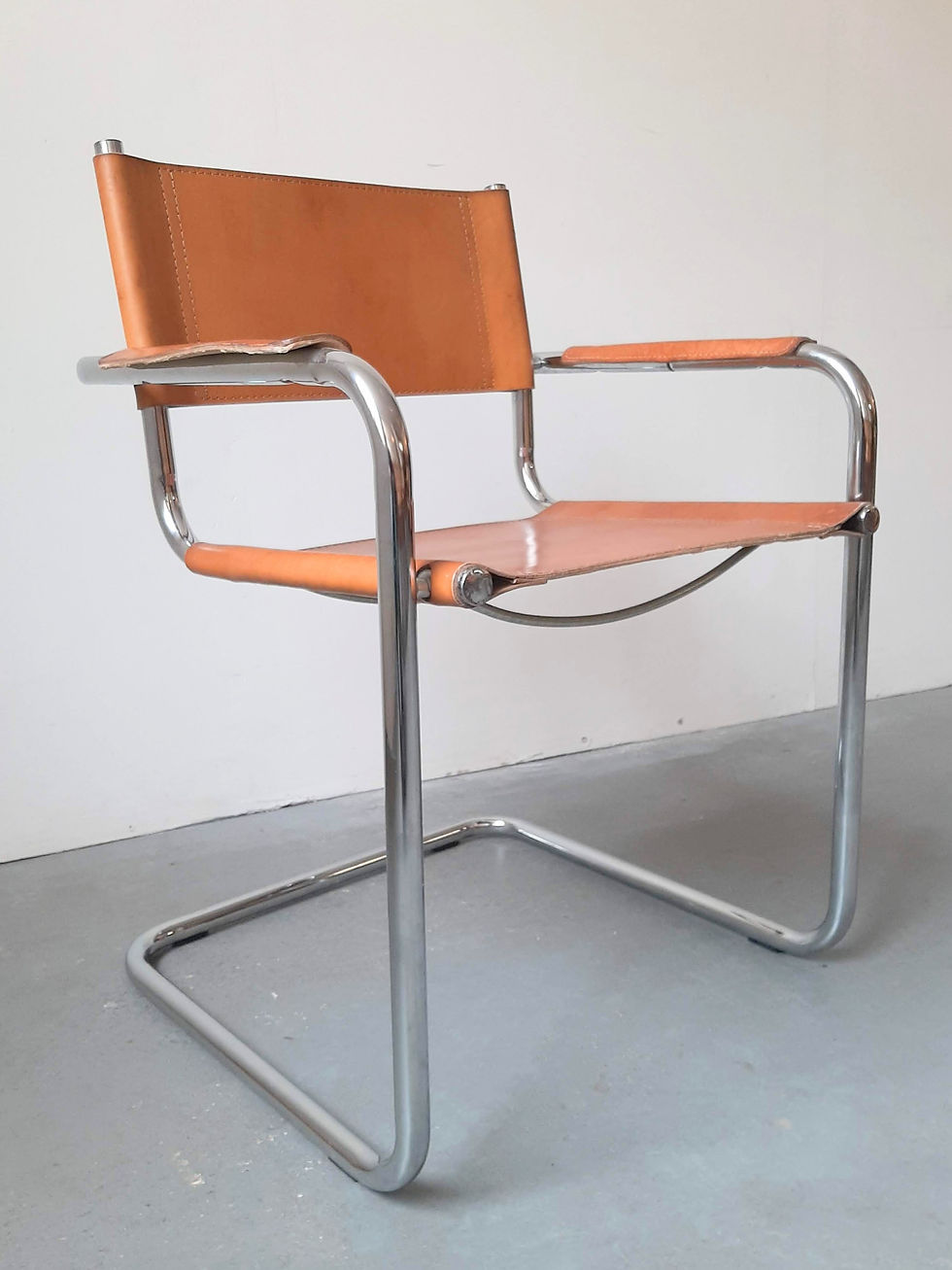Thumbnail: Chrome and Tan Leather Cantilever Chair - Mart Stam