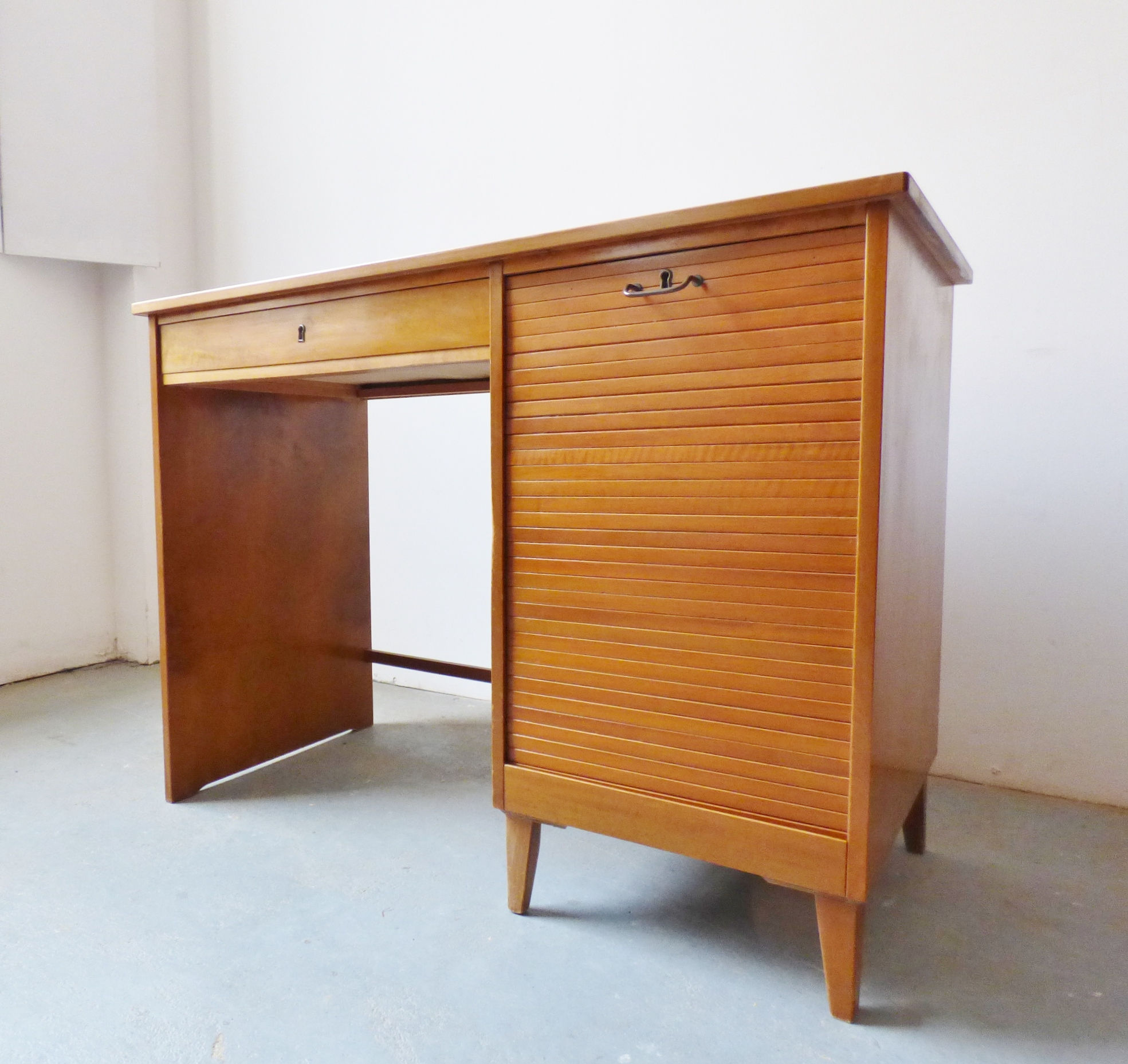 Vintage Danish beech desk with tambour door
