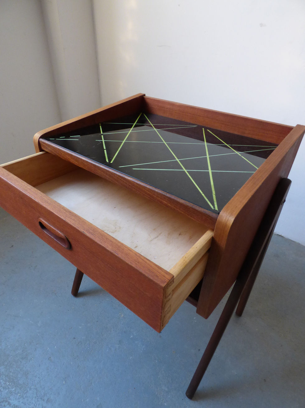 Thumbnail: Mid-century Danish teak bed side table with patterned glass top