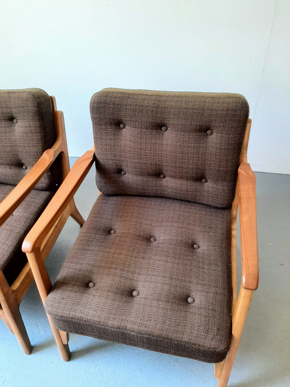 Thumbnail: Vintage Scandinavian wood arm chair with sprung cushions
