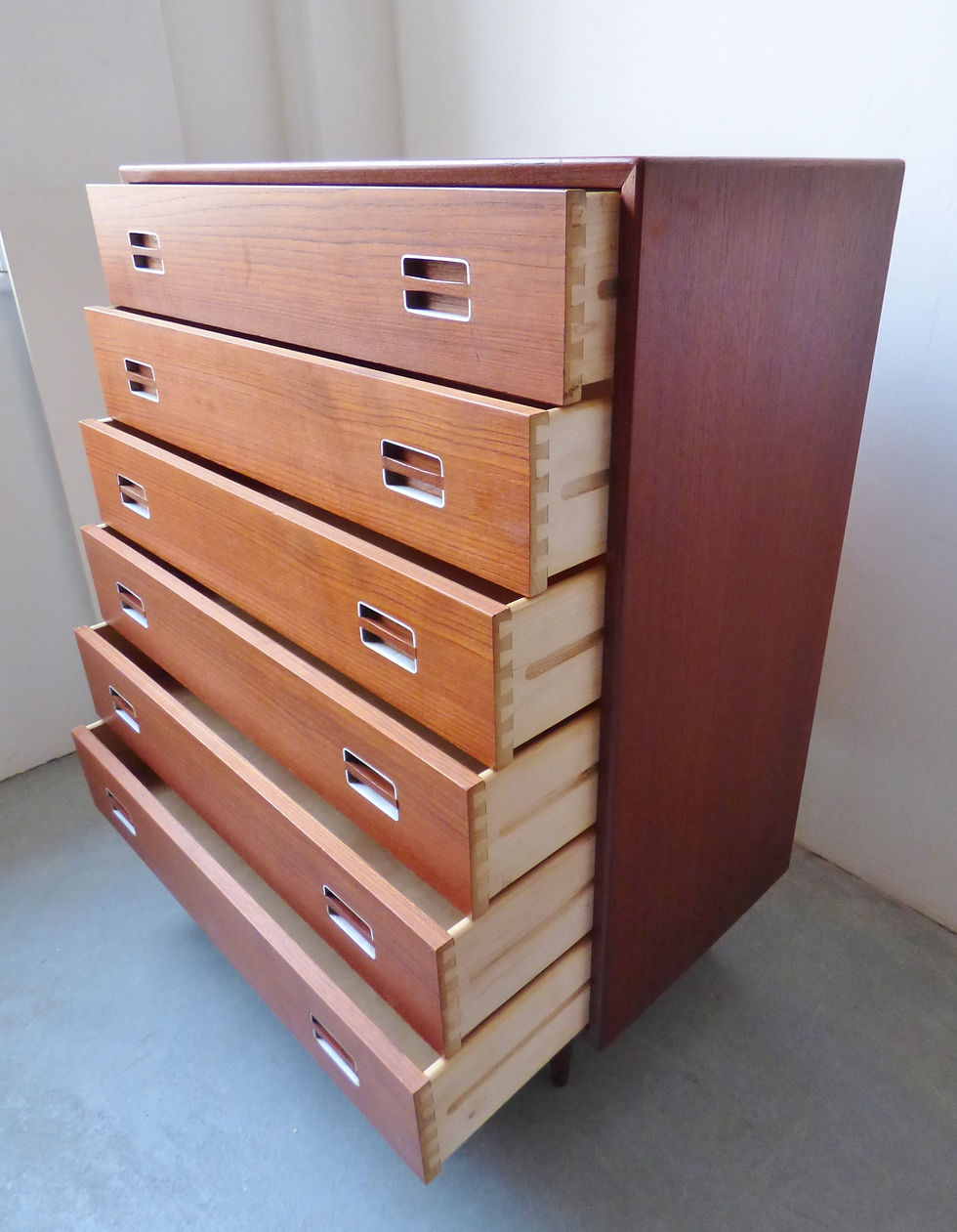 Thumbnail: Danish tallboy dresser with recessed metal detail handles