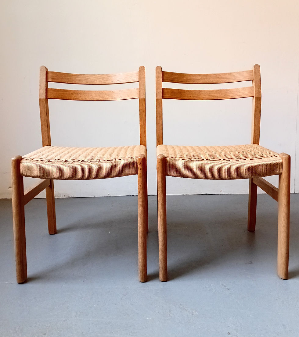 Thumbnail: Danish oak dining chairs with paper cord seats