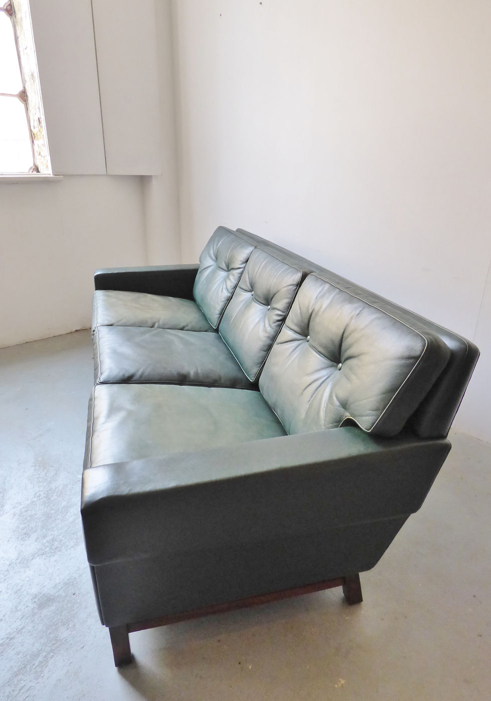 Thumbnail: Vintage Danish green leather sofa with rosewood frame