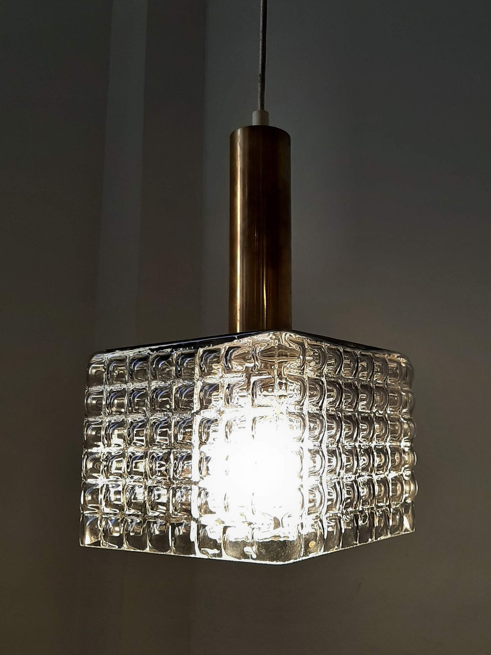 Thumbnail: Mid-century Scandinavian pressed glass and brass pendant light