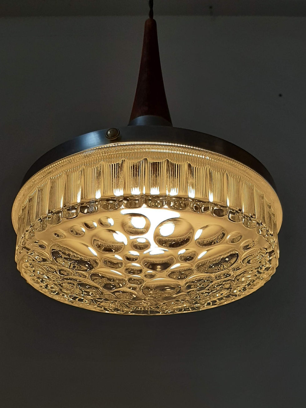 Thumbnail: 1960s pressed 'bubble' glass and aluminium pendant light with teak cone top.