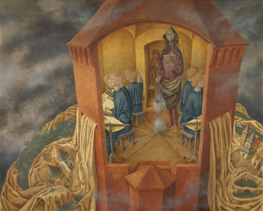 Remedios Varo. Bordando el manto terrestre, 1961. Colección privada. © 2023 Remedios Varo, Artists Rights Society (ARS), New York / VEGAP, Madrid. Foto por Jamie M. Stukenberg, Stukenberg Photography