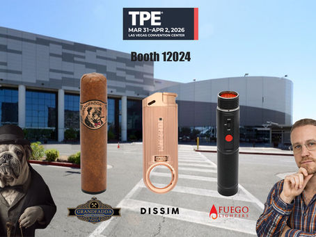 Premium cigar consultant at TPE 2026 convention center with JRL Marketing logo — cigar industry trade show marketing banner