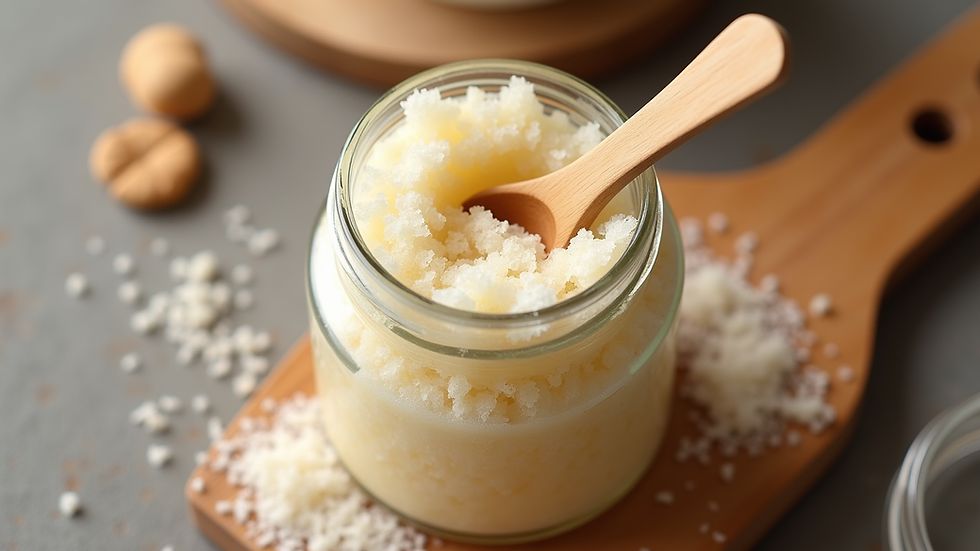 Close-up view of a jar filled with homemade sugar scrub with a wooden spoon