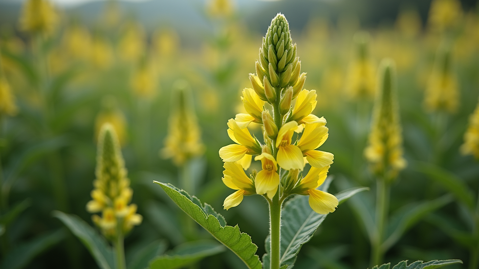 Close-up view of mullein plant leaves with yellow flowers
