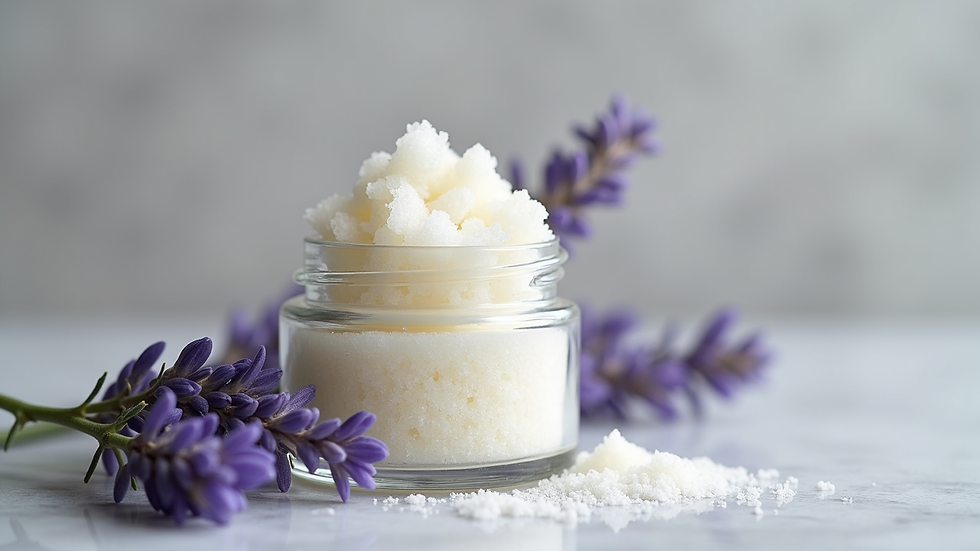 Eye-level view of a small glass jar with sugar scrub and a sprig of lavender