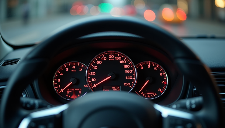 Eye-level view of a car dashboard showing speedometer and steering wheel