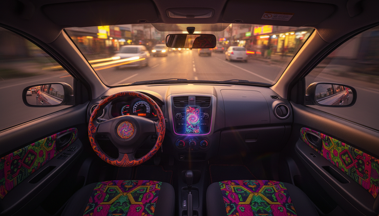 Overhead view of a mobile phone placed away from the driver seat.