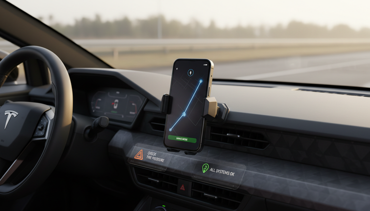 Eye-level view of a parked car dashboard with navigation ready and phone in driving mode