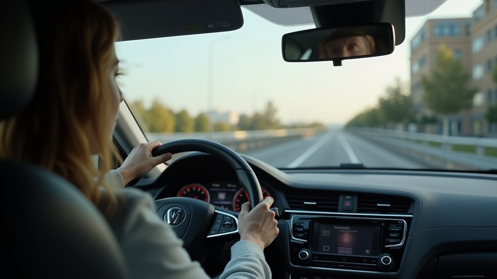 Close-up view of a learner driver practicing steering control inside a car