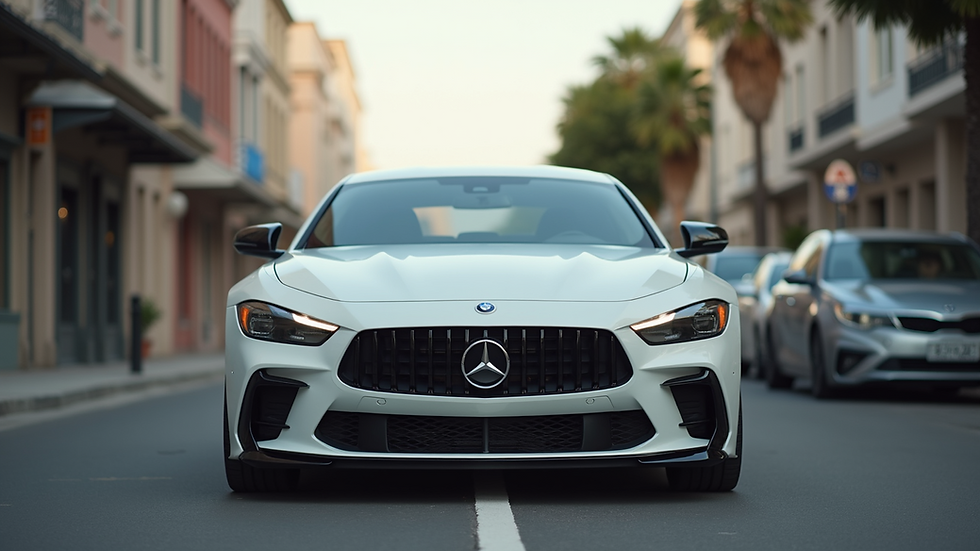 Eye-level view of a sleek white car parked on a quiet street