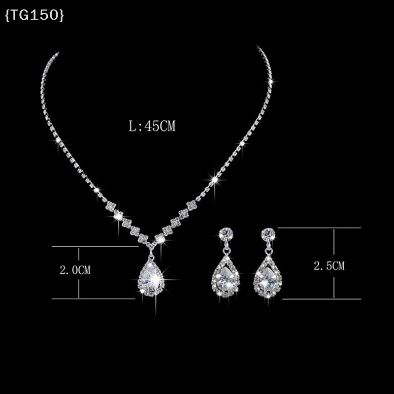 Thumbnail: 【De】Crystal Waterdrop Pendant Necklace Earrings Set - Vintage Silver Wedding