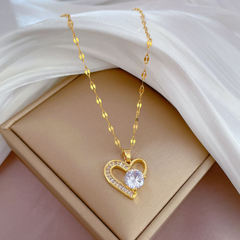 Thumbnail: Trendy Heart Stainless Steel Zirconia Necklaces For Women Girls Love Gold Color 