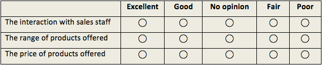 Example of a survey question using a matrix to help respondents answer similar questions