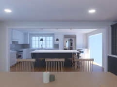 Full color digital mockup of a kitchen viewed from the dining room in Littleton, MA, by Wayside Kitchens. This image shows a drawing of an island backed by cabinetry, lighting, refrigerators, and appliances.