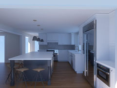 Full color digital mockup of a kitchen in Littleton, MA, by Wayside Kitchens. This image shows a drawing of an island backed by cabinetry, lighting, refrigerators, and appliances.