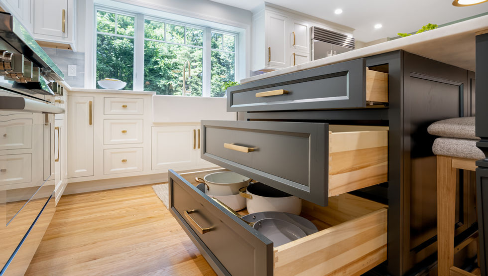 Modern charcoal kitchen island with open storage drawers