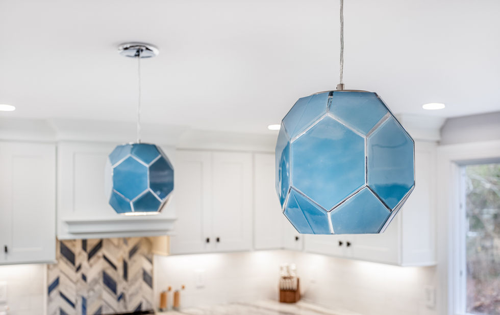 Blue geometric pendant lights in an Andover, MA kitchen