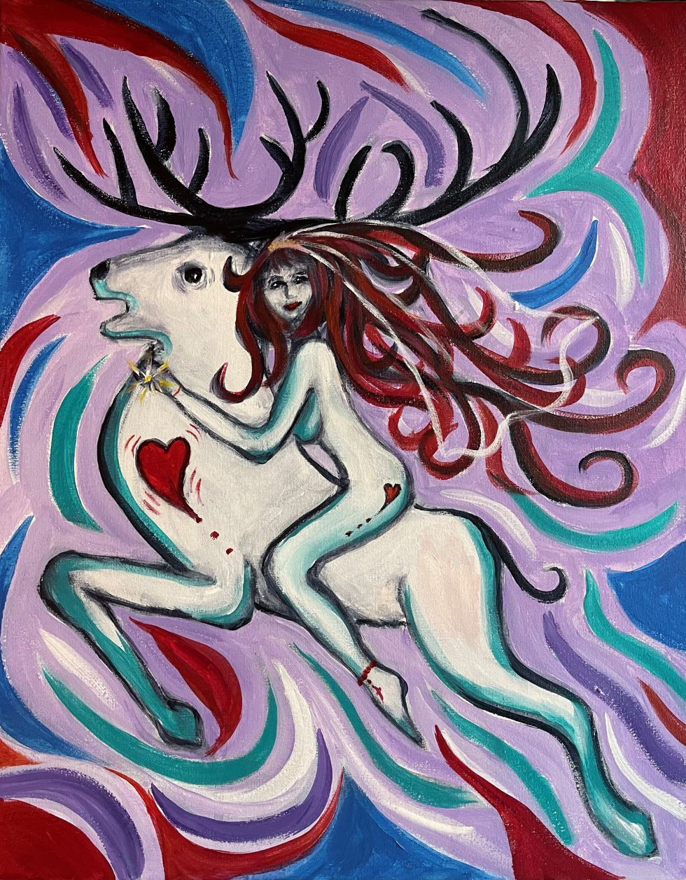 Painting of a woman on a reindeer with swirling colours around them from Paint and Pinot
