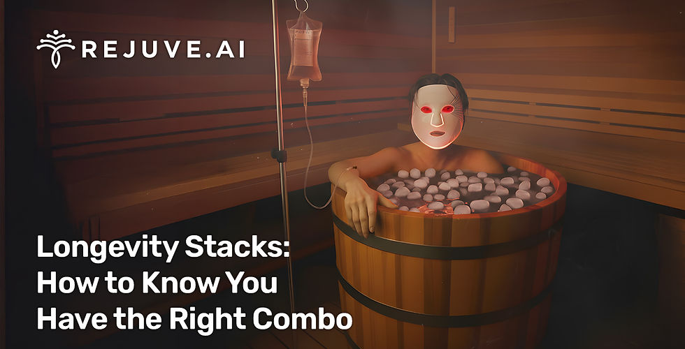 Person in a wooden tub with facial mask and IV drip; steam room setting. Text: "Rejuve.AI Longevity Stacks: How to Know You Have the Right Combo."