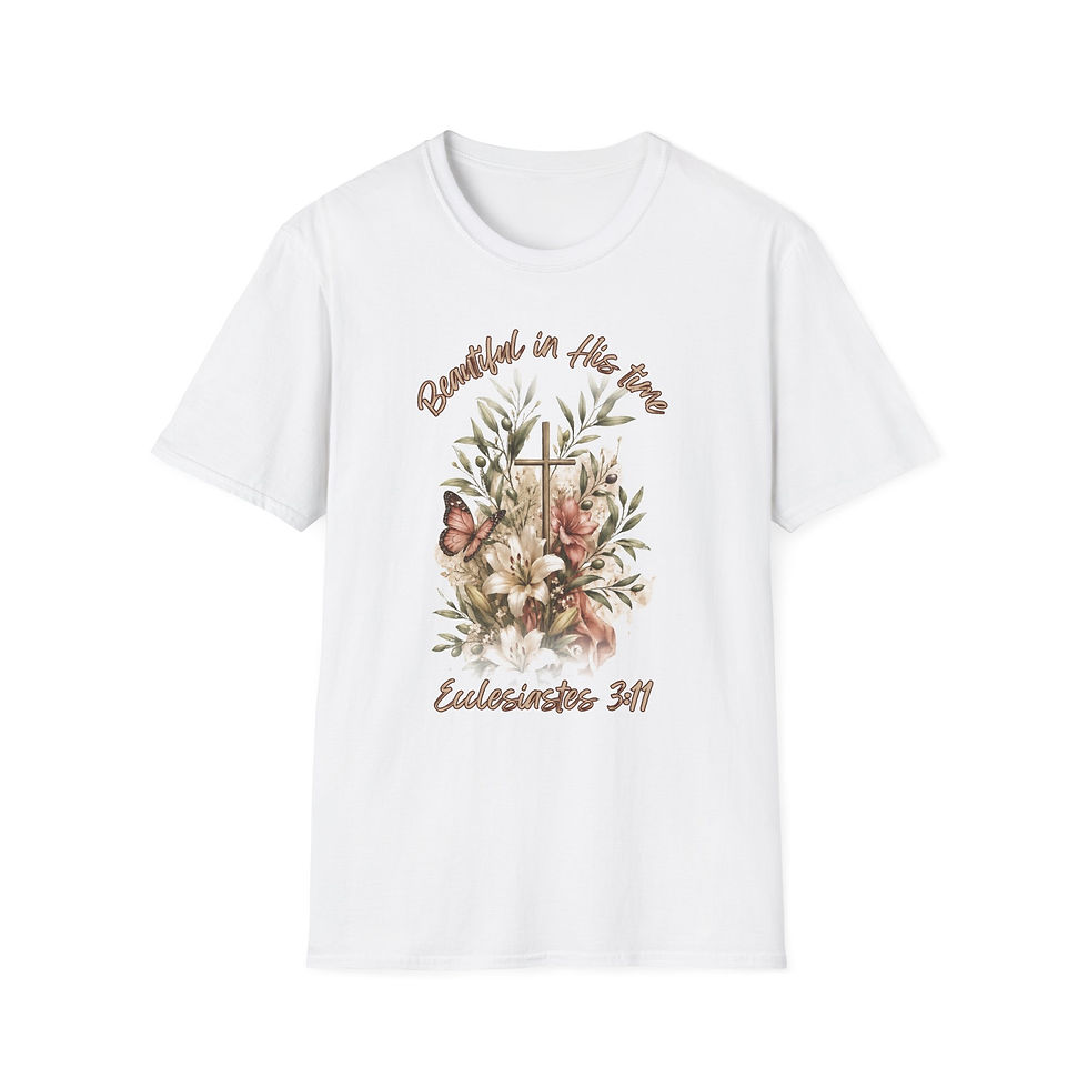 Thumbnail: Beautiful In His Time Floral Cross Christian T-Shirt (Ecclesiastes 3:11)