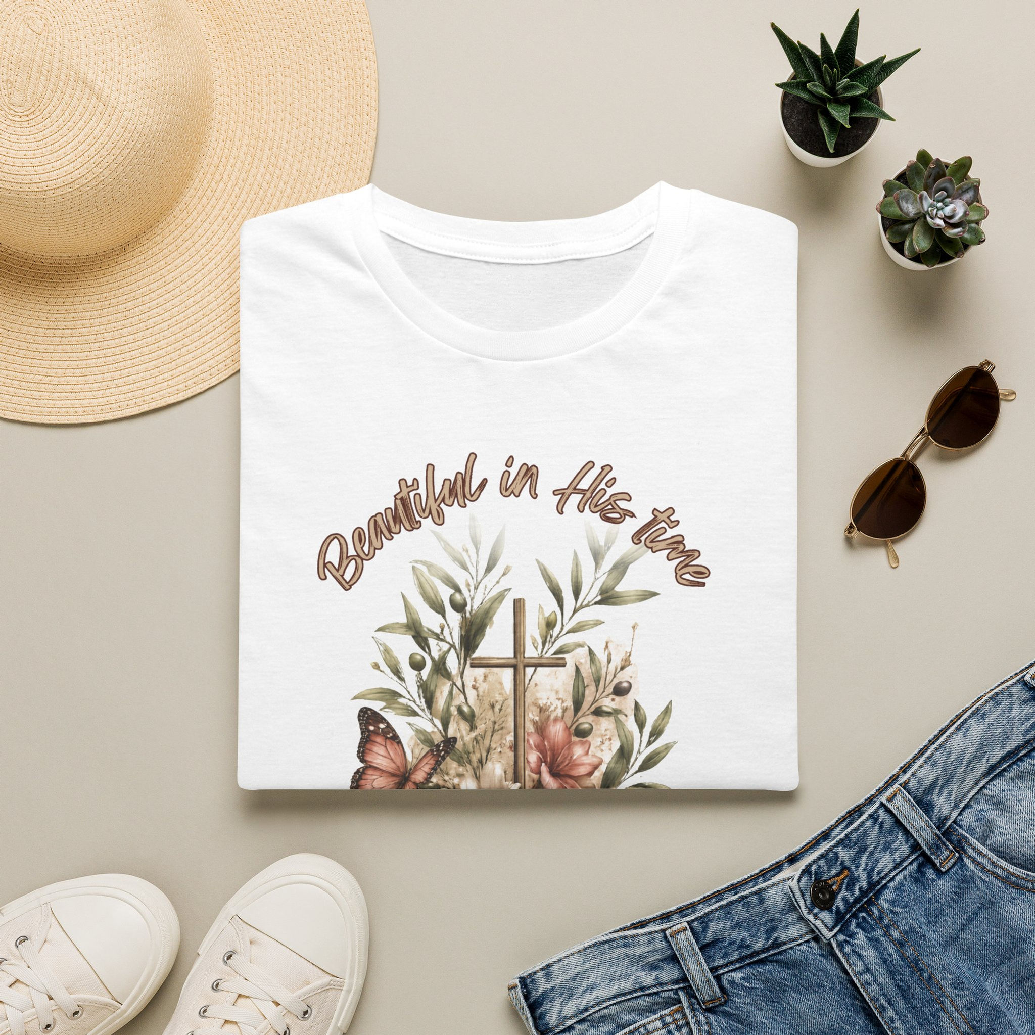 Beautiful In His Time Floral Cross Christian T-Shirt (Ecclesiastes 3:11)