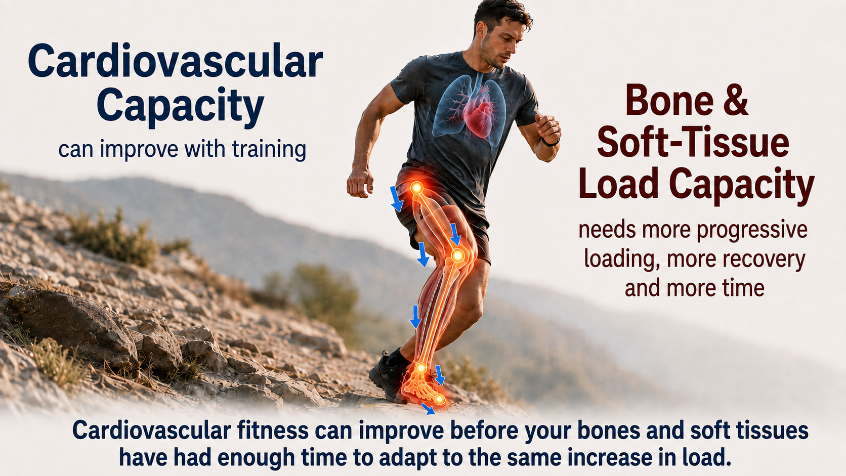 Illustration comparing cardiovascular capacity with bone and soft-tissue load capacity during trail running.