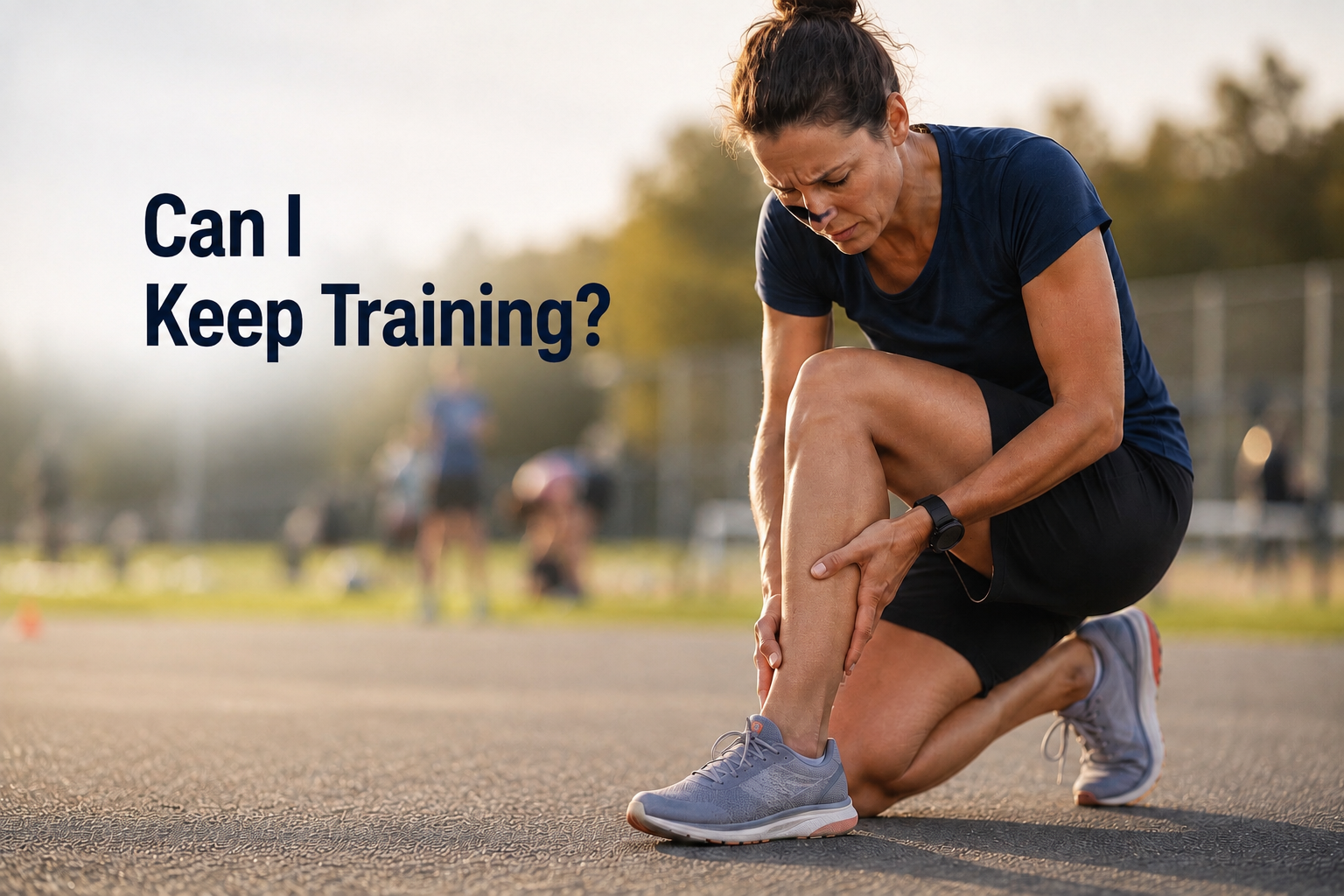 Athlete pausing with lower-leg discomfort and asking, Can I Keep Training?