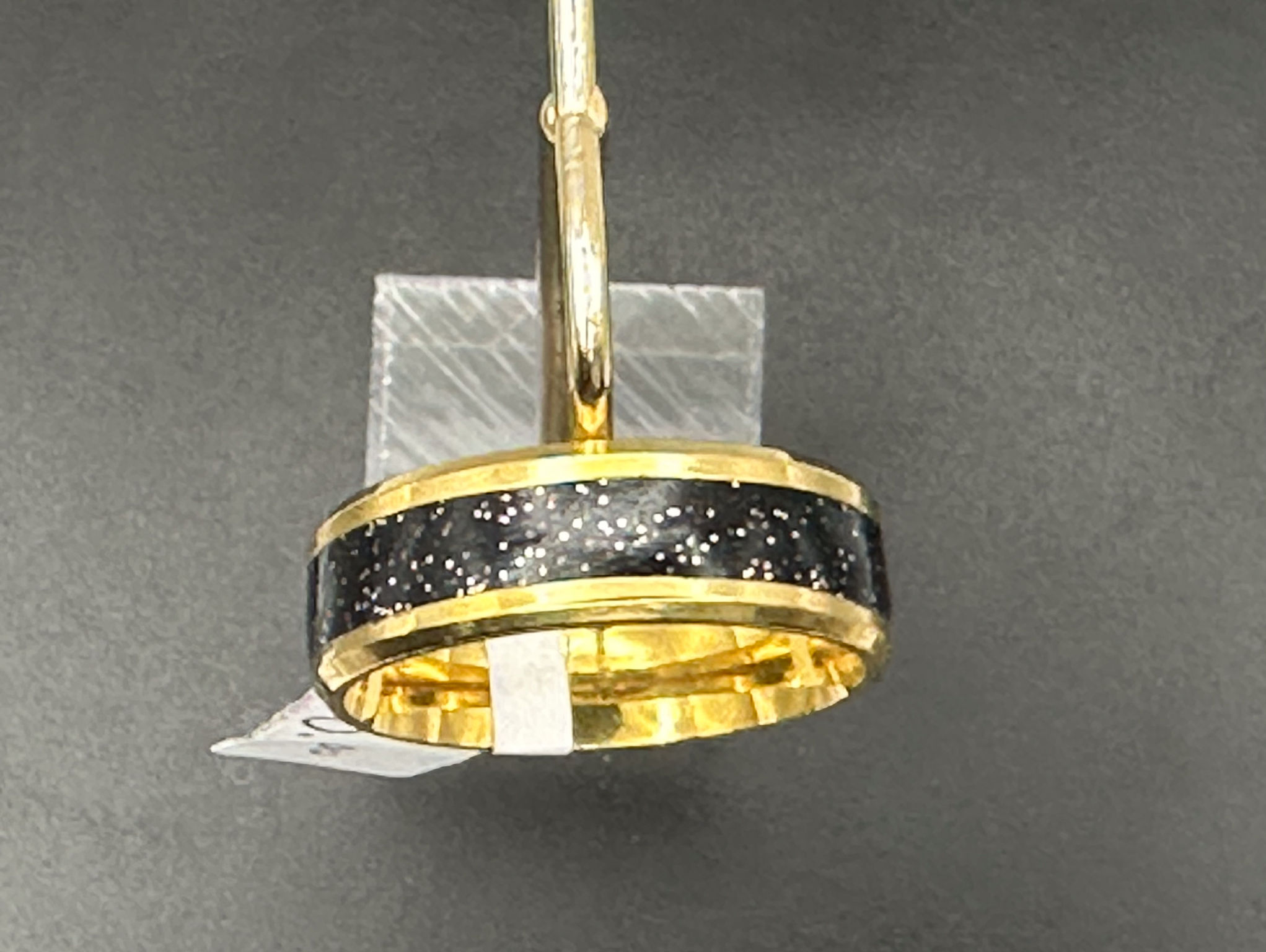 Galaxy Noir Band Black Stardust Inlay Ring with Gold - Size 12