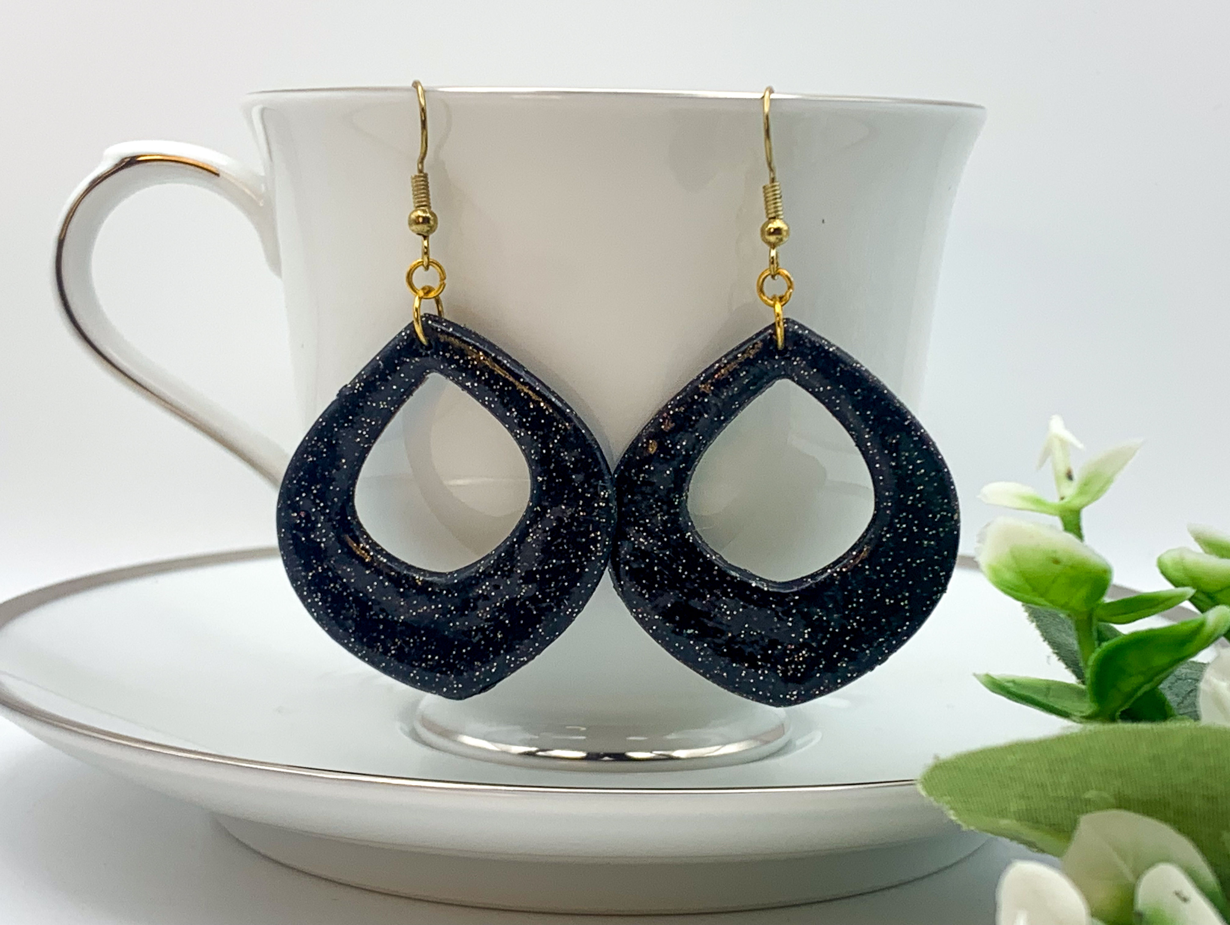 Midnight Sparkle - Black Glitter Teardrop Hoop Earrings